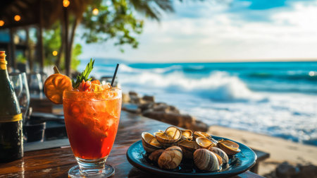 Fresh shellfish being served alongside a tropical drink at a beachside bar in Hua Hin, with the waves crashing nearby.の素材