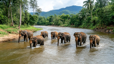 Elephants bathing in the river at an ethical elephant sanctuary in Chiang Mai.の素材