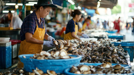 Fresh shellfish being sorted by vendors at a bustling market in Hua Hin, with a variety of seafood on display.の素材