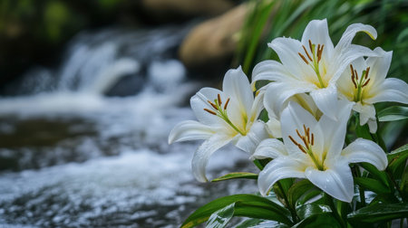 Lilies blooming beside a peaceful stream, with the water gently flowing in the background.の素材