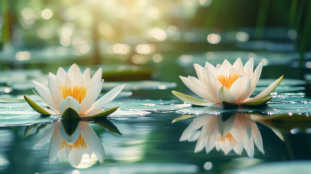 Lilies floating gracefully in a serene pond, their reflections shimmering in the water.の素材