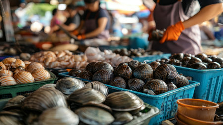 Fresh shellfish being sorted by vendors at a bustling market in Hua Hin, with a variety of seafood on display.の素材