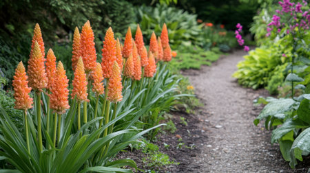 Orange ginger flowers planted alongside a garden path, adding bursts of color to the landscape.の素材