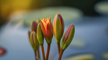 Lily buds just starting to bloom, showing the first signs of vibrant color and life.の素材