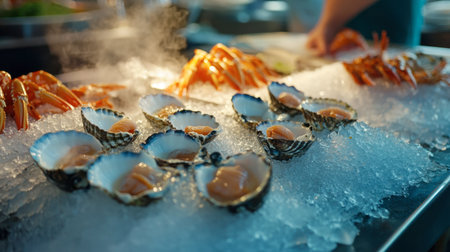 Shellfish on ice at a seafood buffet in a luxury resort in Hua Hin, ready to be prepared by expert chefs.の素材