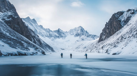 Snow-covered mountains and frozen lakes in Ackmon National Park, with winter hikers trekking through the icy landscape.の素材