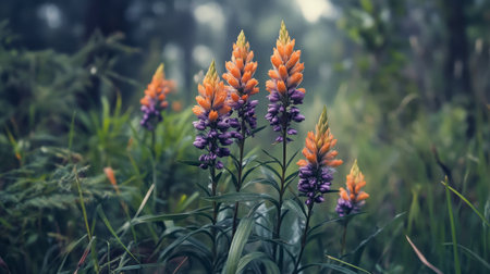 Purple and orange ginger flowers growing in the wild, nestled among tall grass and trees.の素材