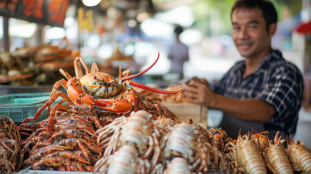 Shellfish vendors in Hua Hin arranging fresh crabs and lobsters on display for tourists and locals.の素材