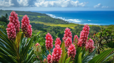 Pink and red ginger flowers in a tropical landscape, with the ocean visible in the distance.の素材