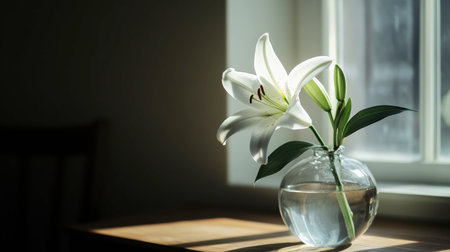 A single white lily in a clear vase placed near a window, softly illuminated by natural light.の素材