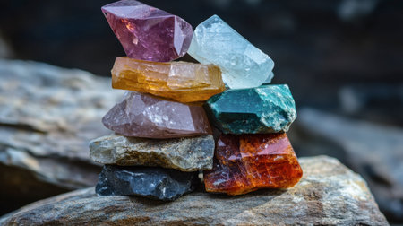 A stack of raw gemstones in varying colors and sizes, showing their natural, uncut beauty.の素材