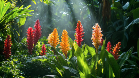 A tropical garden filled with colorful ginger flowers, surrounded by rich greenery and sunlight filtering through.の素材