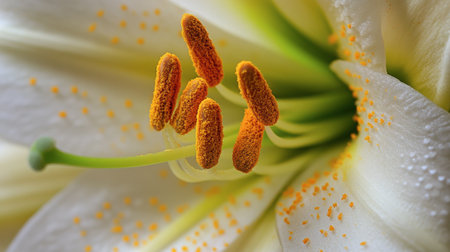 Close-up of a lily's stamen, showing the fine pollen grains and intricate details of the flower.の素材