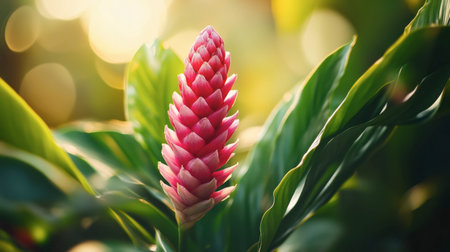 An artistic shot of a ginger flower, with its red and pink hues vividly standing out against the green leaves.の素材