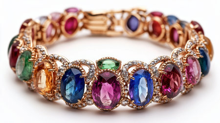 An elegant bracelet adorned with multicolored gemstones, arranged in a symmetrical pattern.の素材