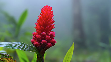 A vibrant red ginger flower in focus, with a misty tropical forest as the soft background.の素材