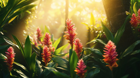 A tropical garden filled with colorful ginger flowers, surrounded by rich greenery and sunlight filtering through.の素材