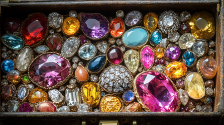 An antique jewelry box filled with sparkling gemstones, including diamonds, rubies, and sapphires.の素材