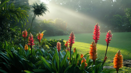 Colorful ginger flowers in bloom during the early morning, with soft mist covering the garden.の素材