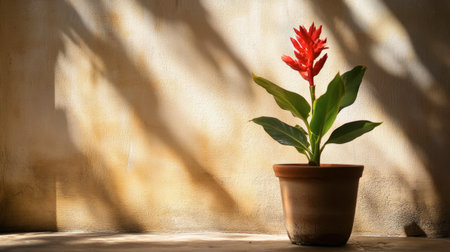 A solitary red ginger flower in a pot, basking in the warm afternoon sun on a patio.の素材
