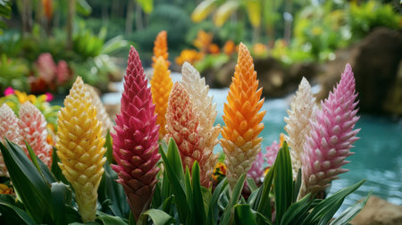 Colorful ginger flowers used as decor in a tropical resort, adding to the island aesthetic.の素材