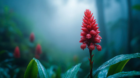A vibrant red ginger flower in focus, with a misty tropical forest as the soft background.の素材