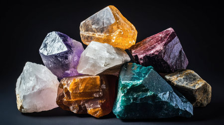 A stack of raw gemstones in varying colors and sizes, showing their natural, uncut beauty.の素材