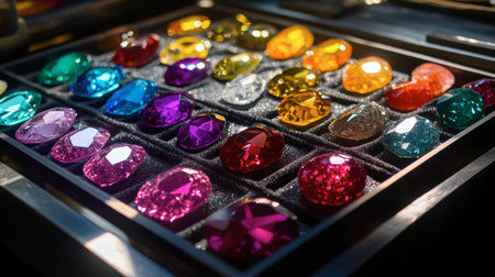A tray of colorful gemstones under inspection lights, each stone gleaming with its own unique brilliance.の素材