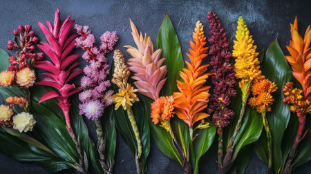 An assortment of tropical ginger flowers spread out on a table, showcasing their diverse colors and shapes.の素材