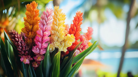 Colorful ginger flowers used in a tropical flower arrangement for an outdoor event, with palm trees in the background.の素材