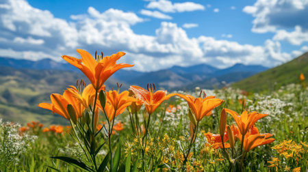 Orange lilies blooming in a wild meadow, with mountains and blue skies in the background.の素材