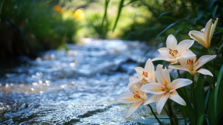 Lilies blooming beside a peaceful stream, with the water gently flowing in the background.の素材