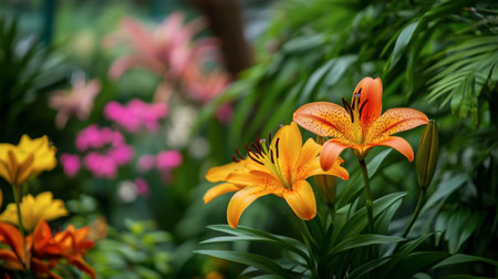 Lilies in a botanical garden, surrounded by other vibrant flowers and greenery.の素材