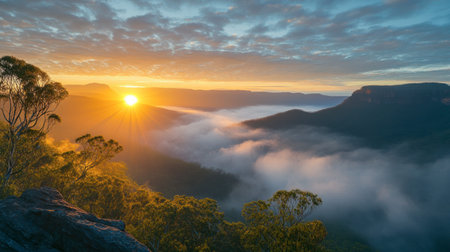 Sunrise over Ackmon National Park, with the first rays of light illuminating the park's vast landscape and misty valleys.の素材