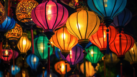 The colorful lanterns at the Yi Peng Festival in Chiang Mai, illuminating the night sky.の素材