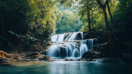 The enchanting waterfalls of Erawan National Park, surrounded by lush jungle landscapes.の素材