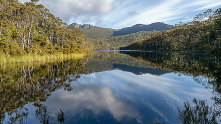 The calm waters of a hidden lake in Ackmon National Park, reflecting the surrounding trees and distant mountain range.の素材