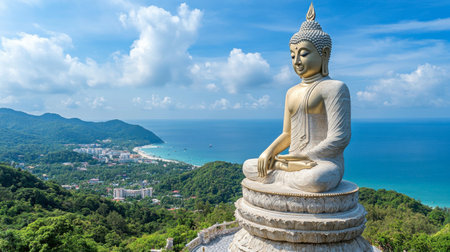 The serene Big Buddha statue in Phuket standing majestically atop Nakkerd Hill.の素材