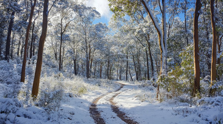 The first snowfall of the season dusting the trees and paths in Ackmon National Park, creating a winter wonderland.の素材