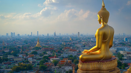 The famous Golden Buddha statue at Wat Traimit, standing tall amidst Bangkok's urban landscape.の素材