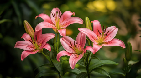 Vibrant pink lilies in full bloom, surrounded by green leaves, capturing the beauty of nature in a garden.の素材