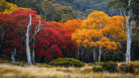 The vibrant autumn foliage of Ackmon National Park, with trees in shades of red, orange, and yellow covering the landscape.の素材