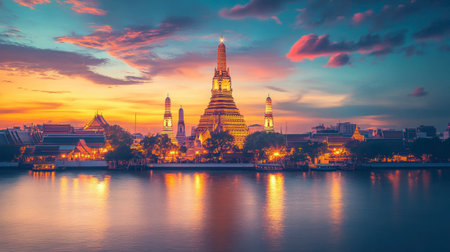 Wat Arun temple at sunset with its towering pagoda reflecting on the Chao Phraya River.の素材