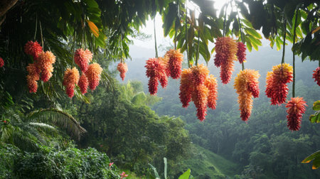 Vibrant ginger flowers hanging down from tropical trees, adding pops of color to the landscape.の素材