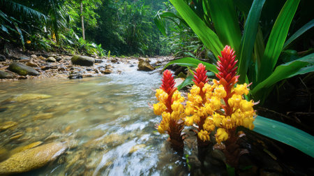 Yellow and red ginger flowers growing beside a clear stream in a tropical forest.の素材