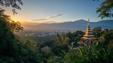 The serene atmosphere of Wat Phra That Doi Kham in Chiang Mai, overlooking the city and mountains.の素材