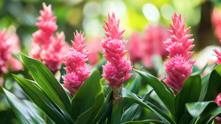 Vibrant pink ginger flowers in bloom, contrasting beautifully with the dark green foliage.の素材