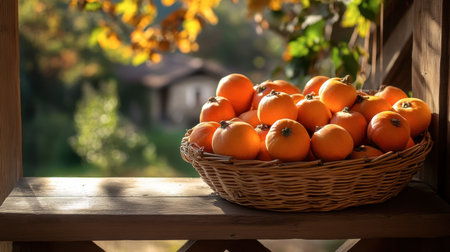 A basket of persimmons sitting on a wooden porch in the late afternoon sun, capturing the warmth and golden hues of a fall day.の素材