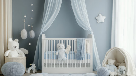 A baby nursery decorated in soft light blue tones, with a crib, plush toys, and cozy blankets creating a peaceful atmosphere.の素材