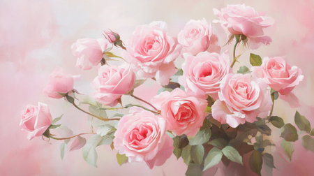 A bouquet of delicate pink roses in full bloom, placed against a soft pink background, evoking romance and elegance.の素材